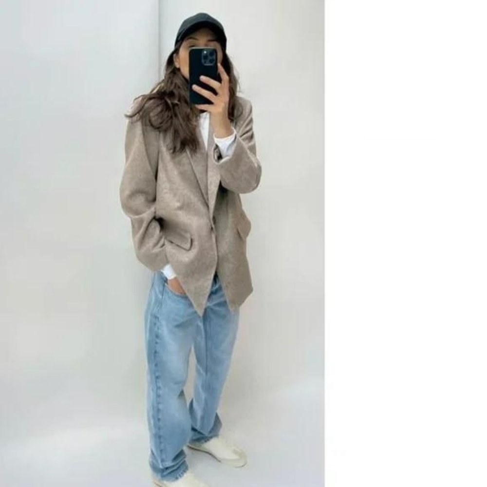 ZARA STRAIGHT CUT HERRINGBONE BLAZER